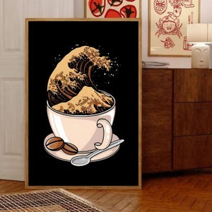 Coffee Poster, Coffee Decor, Great Wave Coffee, Japanese Wave Coffee Wall Art, Coffee Bar Decor, Coffee Art, Coffee Lover Gift, Great Wave