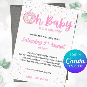 Oh baby it&#39;s a sprinkle baby shower invite, Editable baby shower sprinkle invitation template, sprinkled with love, Canva template