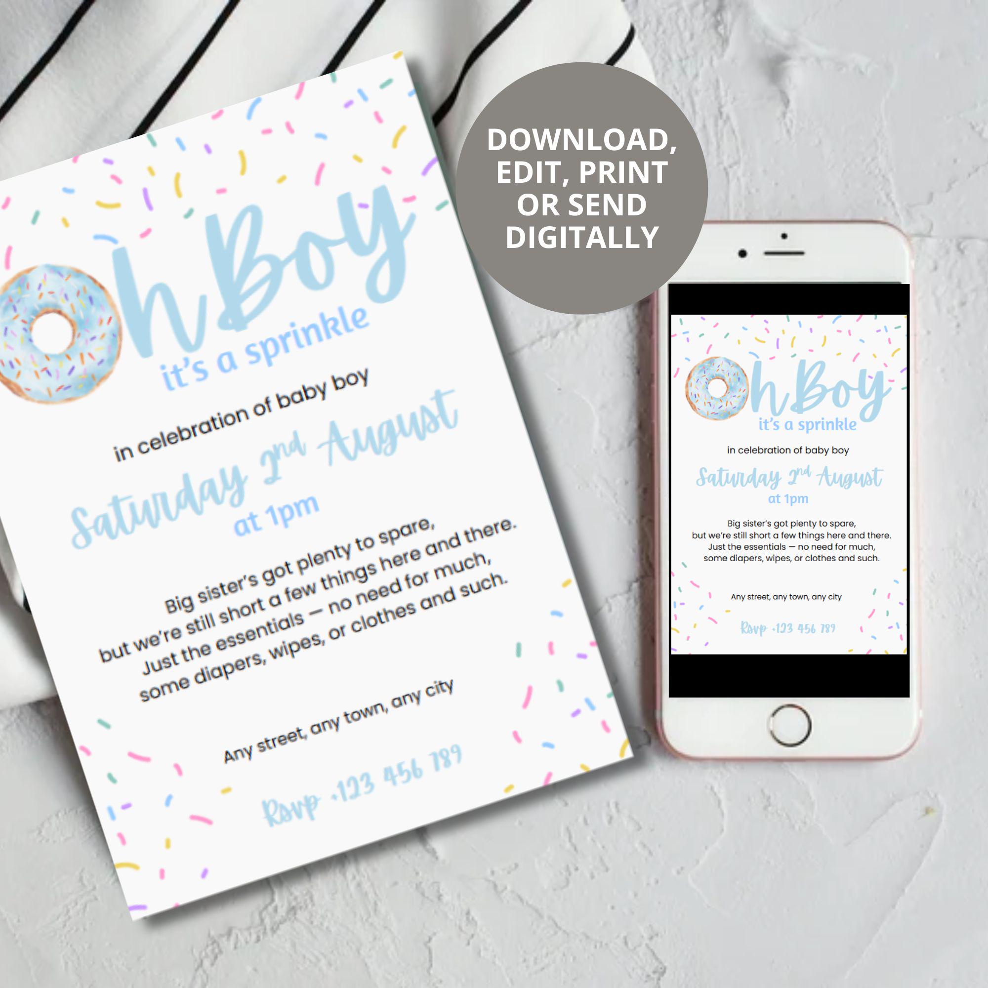 Blue Sprinkle Baby Shower Bundle, Donut, Editable Canva Template ...