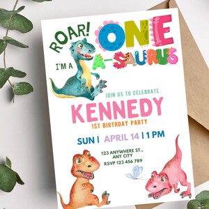Editable Dinosaur Birthday Party Invitation, Dino Party Invite, Dinosaurs, Printable, Dino Birthday, One-A-Saurus, 1st Birthday Party