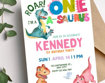 Convite de Aniversário de 1 Ano com Tema de Dinossauro, Festa Dino, One-A-Saurus (Download Digital)