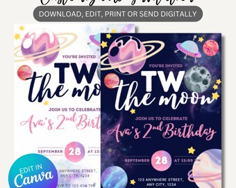 May include: Two birthday invitations with a space theme. The invitations feature planets, stars, and the text "TW the moon" and "Ava's 2nd Birthday". The invitations are customizable and can be edited in Canva.