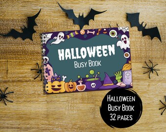 May include: A Halloween-themed busy book with a purple, green, and black cover. The cover features a variety of Halloween-themed illustrations, including a ghost, a witch's hat, a cauldron, and a pumpkin. The title of the book is "Halloween Busy Book".