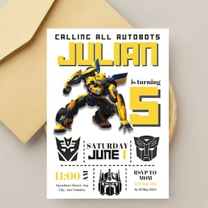 May include: A Transformers-themed birthday invitation for a boy turning five. The invitation features a yellow and black robot character, the text "Calling all Autobots", and the name "Julian".