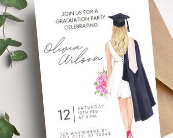 Plantilla de invitación a fiesta de graduación, editable, personalizable, invitación impresa o digital, minimalista, anuncio de graduación