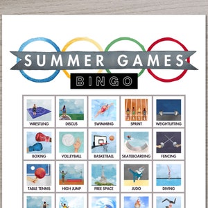 Afdrukbare bingo zomerspelen | Partyspel Olympisch sportthema voor kinderen, direct downloaden, klasactiviteit, modern aquarelontwerp