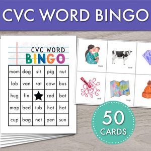 CVC Wörter Phonics Bingo | Druckbares Lesespiel für Kinder, sofort-Download, Klasse Aktivität, 50 Karten, modernes Aquarell Design