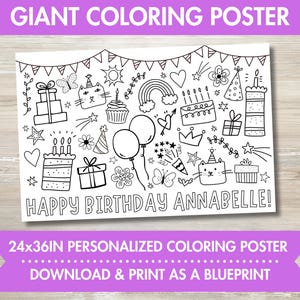 May include: A black and white printable coloring poster featuring a birthday theme with a cat, cake, and other fun illustrations. The poster says "Happy Birthday Annabelle!" and is 24 inches by 36 inches.