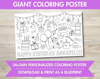 Puede incluir: Un póster para colorear imprimible en blanco y negro con un tema de cumpleaños con un gato, un pastel y otras ilustraciones divertidas. El póster dice "¡Feliz cumpleaños Annabelle!" y mide 61 cm por 91 cm.