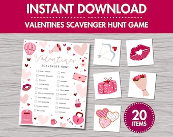 May include: A printable Valentine's Day scavenger hunt game with a checklist of 20 items to find, including a bow and arrow, flower bouquet, mailbox, present, cocoa mugs, lock and key, love letter, teddy bear, box of chocolates, lollipop, hot air balloon, love potion, love monster, cookies, candy hearts, broken heart, balloons, and cupcake.