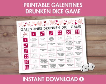 May include: A printable Galentines Drunken Dice Game with a pink and white color scheme. The game board features a grid of squares with different drinking challenges for each roll of the dice. The game is perfect for a fun night out with friends.