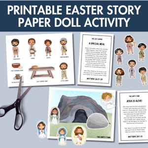 Bonecas de papel com história de Páscoa para imprimir | Cenas bíblicas para crianças brincarem na Semana Santa, cartões de escritura, escola dominical, atividade de educação domiciliar, faça você mesmo