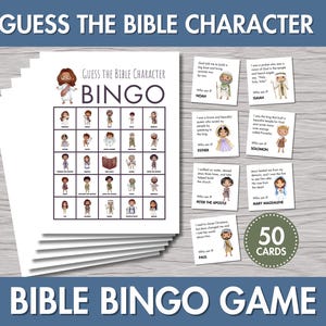 May include: A Bible Bingo game set with a bingo card and 50 character cards. The bingo card features illustrations of Bible characters. The cards include character names and brief descriptions. The game is designed for educational and entertainment purposes.