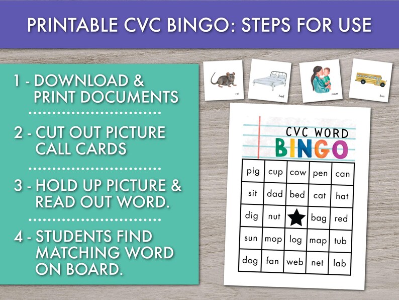 Cvc Cow CVC Words Bingo Game: Kids Phonics, 50 Watercolor Cards (digital ...