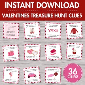Caça ao tesouro de dia dos namorados para imprimir | Download instantâneo, 36 pistas com tema de amor para caça ao tesouro interna, atividade para crianças, presente de dia dos namorados