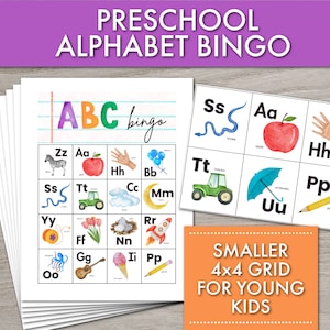 Bingo do alfabeto pré-escolar | Jogo de aprendizagem infantil com tema ABC, 4x4 para crianças mais novas, download instantâneo, atividade em sala de aula, aquarela moderna