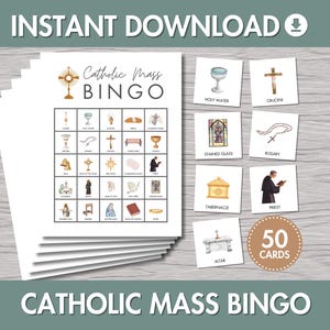 May include: A stack of white paper sheets with a Catholic Mass Bingo game printed on them. The game includes illustrations of religious symbols and the text "Catholic Mass Bingo" and "Instant Download". There are also 50 bingo cards.