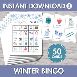 BINGO de inverno para impressão | Download instantâneo, atividade de dia de neve, jogo de festa infantil, 50 cartões de bingo, jogo com tema de neve, atividade de classe
