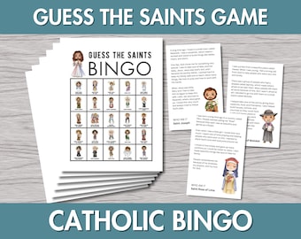 May include: A set of white paper sheets featuring the text "GUESS THE SAINTS BINGO" and saint illustrations. The game includes cards with saint descriptions and the text "CATHOLIC BINGO" at the bottom.