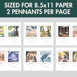 May include: A printable sheet of 12 pennants featuring illustrations and the names of books from the Bible. The pennants are sized for 8.5x11 inch paper and there are two pennants per page.