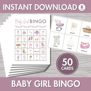 Baby-BINGO-Spiel | Babyparty Spiel, modernes Boho Aquarell Design, 50 Karten, Druckbares Spiel, Pink, Lila und Neutral