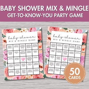 Juego para baby shower: mezcla y mezcla, imprimible, 50 tarjetas, actividad para fiestas, encuentra al invitado, descarga instantánea, diseño floral rosa