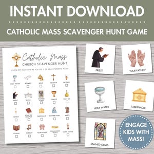 May include: A printable Catholic Mass scavenger hunt game with the text "INSTANT DOWNLOAD" and "CATHOLIC MASS SCAVENGER HUNT GAME". Includes illustrations of religious items like a priest, chalice, and stained glass.