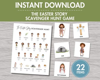 May include: A printable Easter scavenger hunt game with 22 items. The game features illustrations of characters and objects from the Easter story, including Jesus, the cross, the tomb, and Mary Magdalene. The game is designed to be played by children and adults.