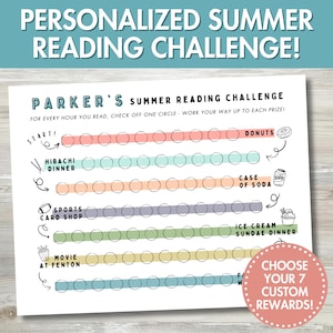 Aangepast zomeruitdagingsblad voor lezen voor kinderen | Gepersonaliseerde leestracker, motivatie zomergeletterdheid, schermloze activiteit, afdrukbaar