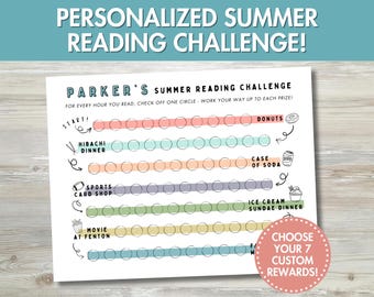 May include: A personalised summer reading challenge chart with the text "PERSONALIZED SUMMER READING CHALLENGE!" and "PARKER'S SUMMER READING CHALLENGE". The chart has colourful rows for tracking reading progress and a section to choose 7 custom rewards.