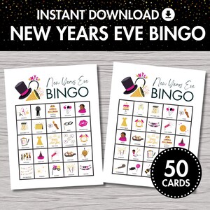 Afdrukbare oudejaarsbingo | Direct downloaden, NYE-feestspel, kinderactiviteit, vakantiespel, stijlvol modern ontwerp, 50 bingokaarten