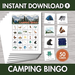 Bingo de camping imprimable | Jeu de société sur le thème du plein air pour enfants, 50 cartes, téléchargement immédiat, activité en classe, aquarelle moderne, forêt