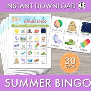 Bingo imprimible ¡Salió la escuela!, juego infantil de fiesta con temática de verano, descarga instantánea, actividad para el aula, juego preescolar, diseño moderno de acuarela