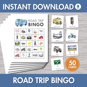 Bingo da viaggio su strada stampabile / Gioco a tema viaggio in famiglia, download immediato, attività per bambini, design moderno e colorato ad acquerello