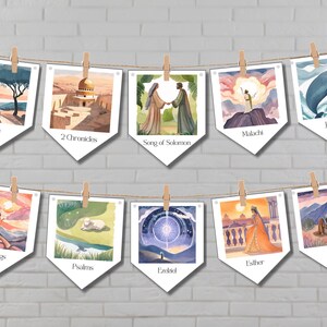 May include: A banner with ten colorful illustrations of scenes from the Bible. Each illustration is labeled with the name of a book of the Bible, including Ruth, 2 Chronicles, Song of Solomon, Malachi, Jonah, 2 Kings, Psalms, Exodus, Esther, and Job.