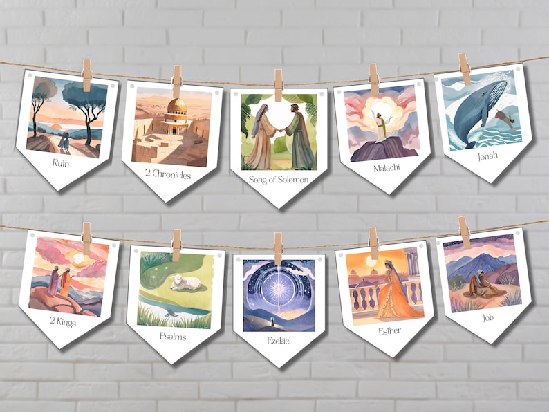 May include: A banner with ten colorful illustrations of scenes from the Bible. Each illustration is labeled with the name of a book of the Bible, including Ruth, 2 Chronicles, Song of Solomon, Malachi, Jonah, 2 Kings, Psalms, Exodus, Esther, and Job.