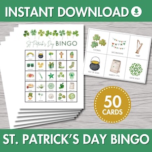 BINGO de la Saint-Patrick à imprimer | Téléchargement immédiat, activité de fête de la Saint-Patrick, jeu de fête pour enfants, 50 cartes de bingo, jeu sur le thème de l'Irlande