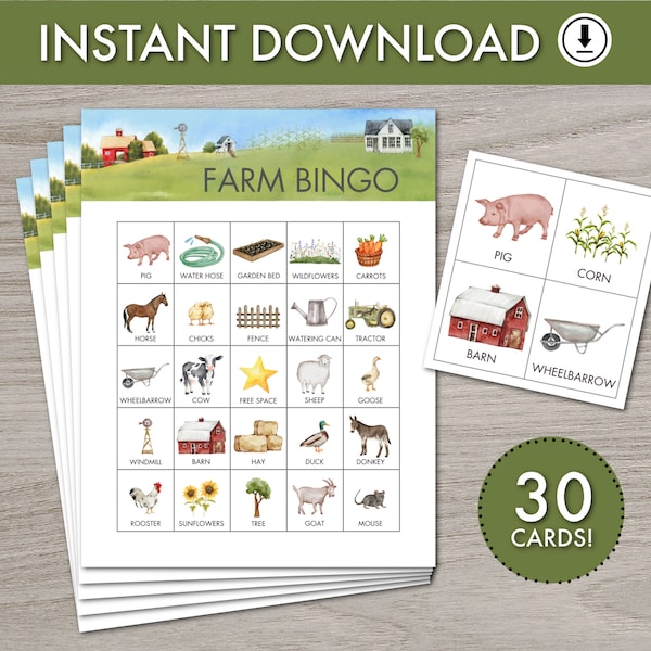 Printable Farm Bingo, Kids Spring Party Game, Instant Download, Classroom Activity, Preschool Game, Watercolor Design, Cow, Pig, Horse, Barn