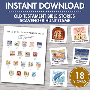 May include: A printable Old Testament Bible Stories Scavenger Hunt game with 18 stories. The game includes a checklist with images of each story and a set of 18 cards with images and titles of the stories.