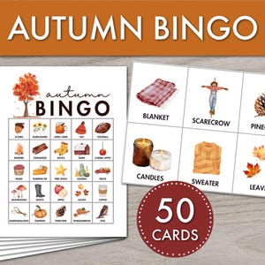 Juego de bingo otoñal imprimible, descarga instantánea, actividad de cosecha para el aula, diseño moderno de acuarela