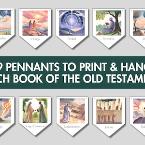 May include: A set of 39 printable pennants, each featuring a colorful illustration and the name of a book from the Old Testament. The pennants are designed to be printed and hung, creating a visual representation of the Old Testament.