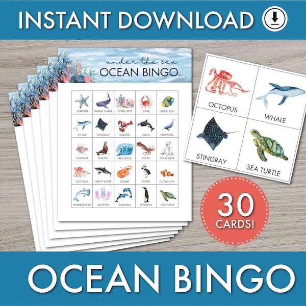 Printable Under the Sea Bingo, Kids Ocean-Themed Party Game, Instant Download, Classroom Activity, Preschool Game, Modern Watercolor Design