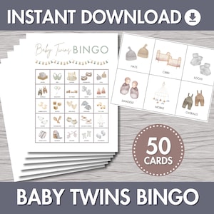 Baby Zwillinge BINGO Spiel | Druckbares Babyparty Spiel, 50 Karten, Partygeschenk, modernes Boho Aquarell Design, Gender Neutral