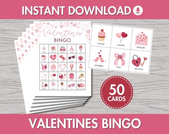 Printable Valentine&#39;s Day BINGO | Instant Download, Valentine Party Activity, Kids Party Game, 50 Bingo Cards, Class Party
