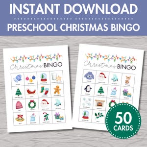 Druckbare Vorschule Weihnachten BINGO | Sofort Download, Party außerhalb der USA, 25 Bingokarten, 4x4 Grid, buntes Urlaubsfeeling