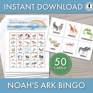 May include: A set of 50 bingo cards featuring watercolor illustrations of animals from Noah's Ark. The cards are printed on white paper and have a rainbow design at the top. The text "two by two NOAH'S ARK BINGO" is printed at the top of the cards.