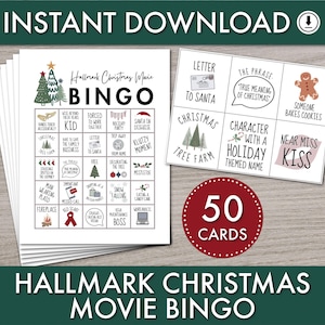 Película navideña de Hallmark para imprimir, descarga instantánea, actividad para fiestas navideñas, juego festivo, 50 tarjetas de bingo