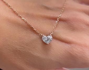 1 Carat Diamond Necklace, 14K Rose Gold Lab Grown Diamond Solitaire Pendant, Heart Diamond Necklace, 3 Prong Heart Necklace