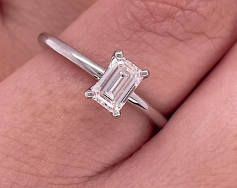 Emerald Cut 0.80 Carat Natural Diamond Ring: 14k White Gold Solitaire