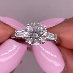 2.40 Carat Lab Grown Diamond Engagement Ring: Round Cut, Baguette Side Stones, IGI Certified